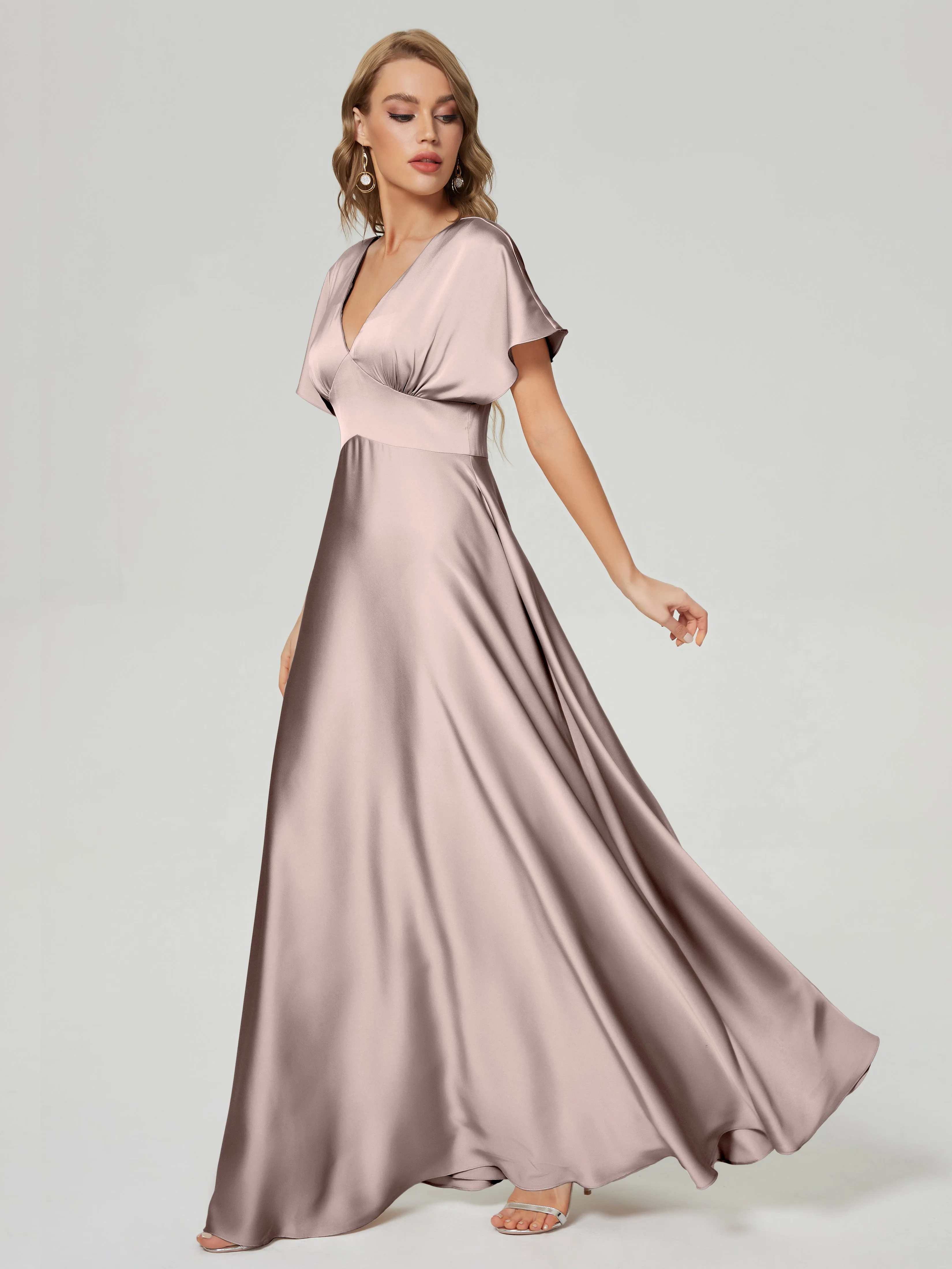 Taupe Bridesmaid Dresses Ariah Modest V Neck Short Sleeves Soft Satin Dresses