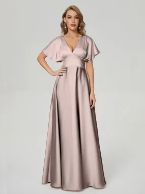 Taupe Bridesmaid Dresses Ariah Modest V Neck Short Sleeves Soft Satin Dresses