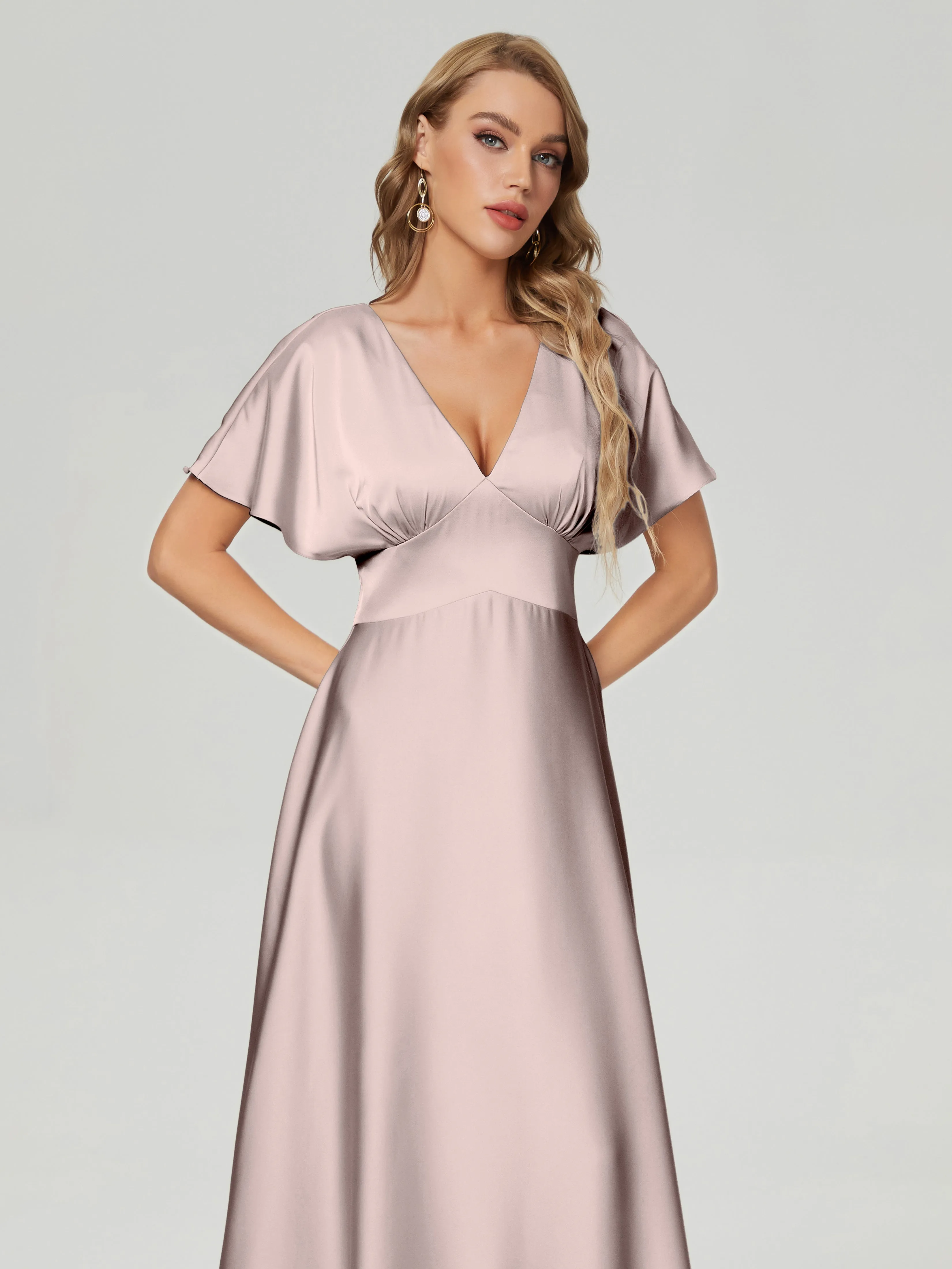 Taupe Bridesmaid Dresses Ariah Modest V Neck Short Sleeves Soft Satin Dresses