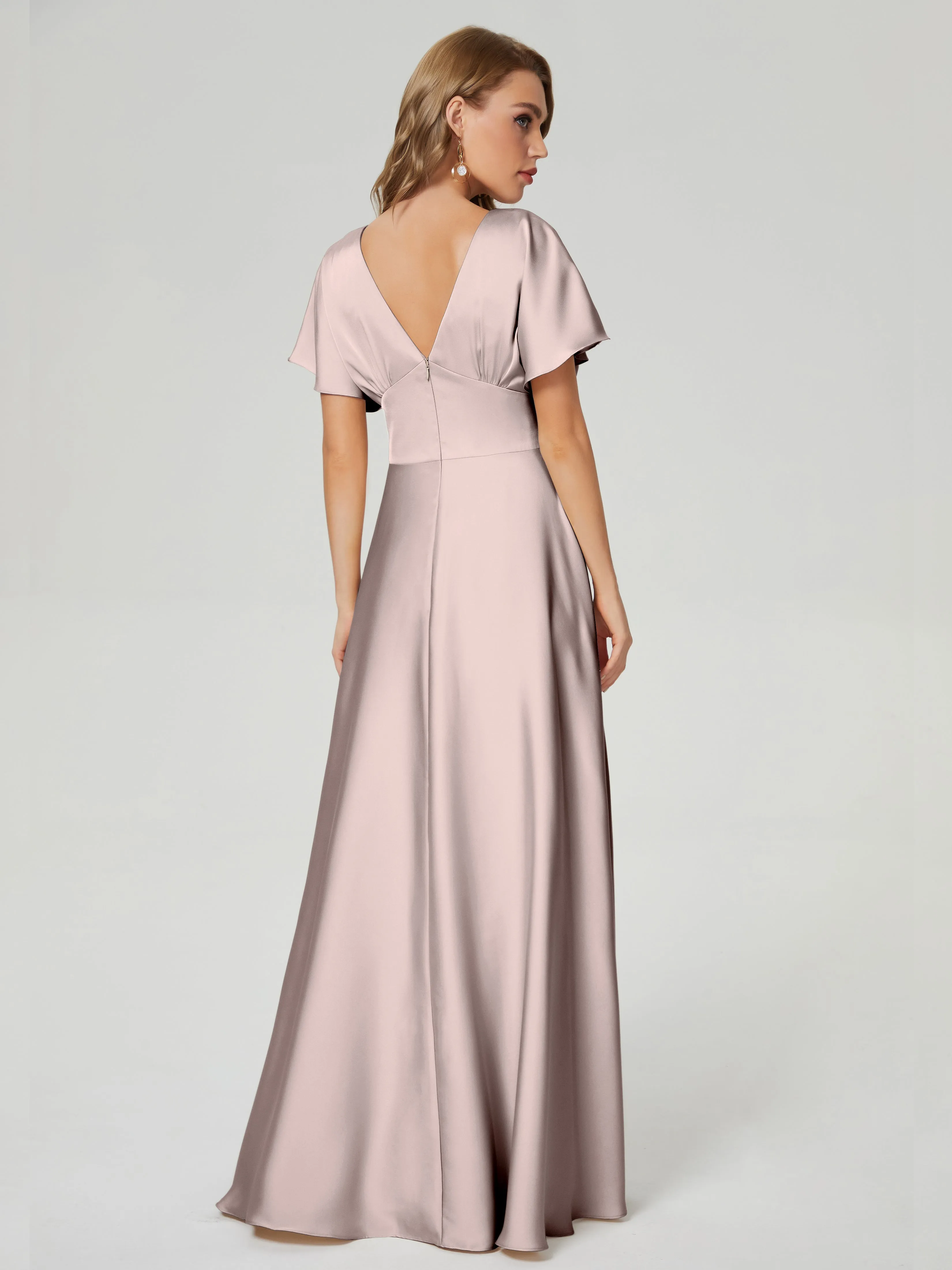 Taupe Bridesmaid Dresses Ariah Modest V Neck Short Sleeves Soft Satin Dresses