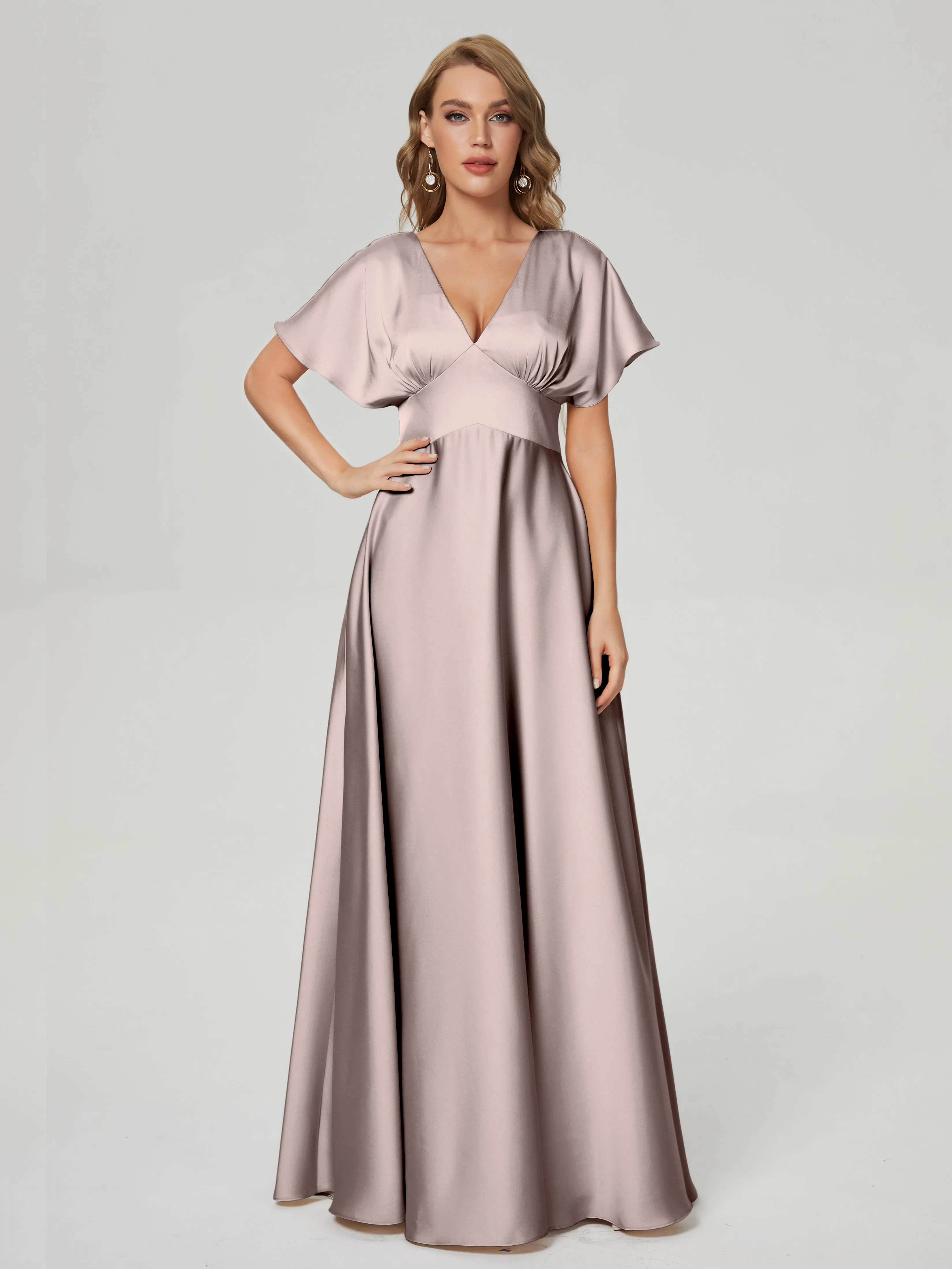 Taupe Bridesmaid Dresses Ariah Modest V Neck Short Sleeves Soft Satin Dresses
