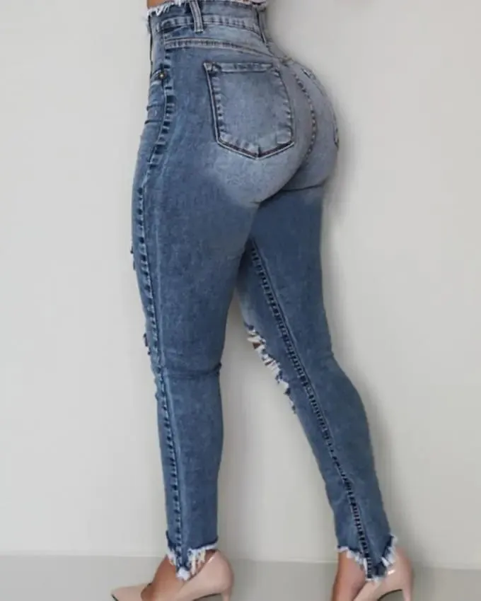 Trendy Slim Fit Hollow Fringe Ladies' Jeans