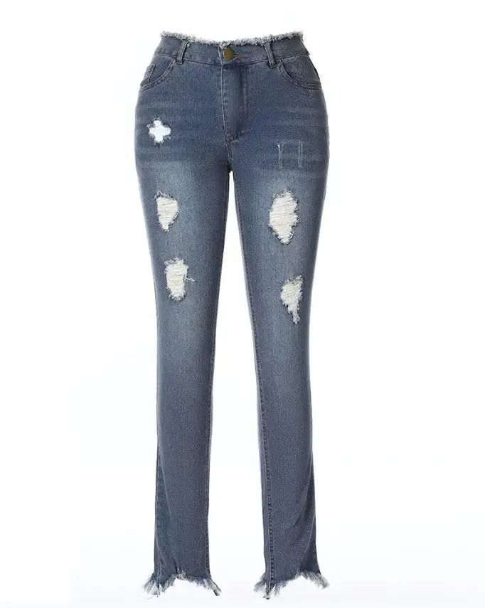 Trendy Slim Fit Hollow Fringe Ladies' Jeans