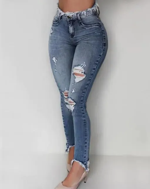 Trendy Slim Fit Hollow Fringe Ladies' Jeans
