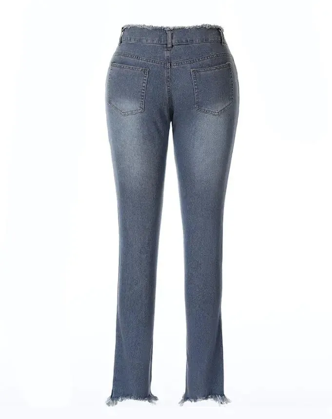 Trendy Slim Fit Hollow Fringe Ladies' Jeans