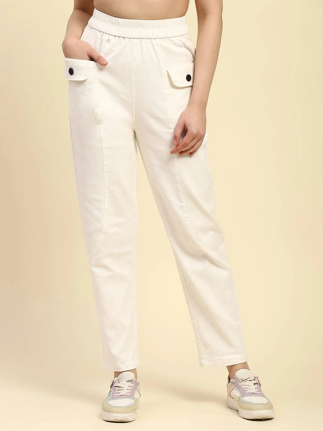 White Textured Cotton Regular Fit Trouser