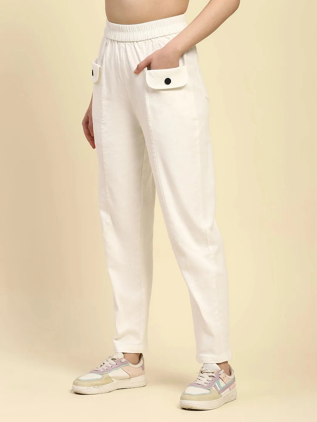 White Textured Cotton Regular Fit Trouser