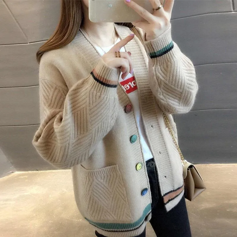 Women Trendy Matching Knitted Cardigan Short Korean Loose Sweater Long Sleeved Outerwear