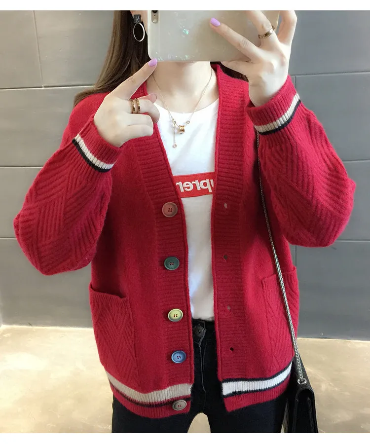 Women Trendy Matching Knitted Cardigan Short Korean Loose Sweater Long Sleeved Outerwear