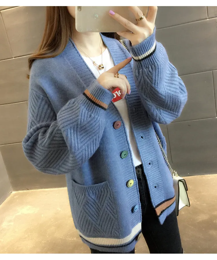 Women Trendy Matching Knitted Cardigan Short Korean Loose Sweater Long Sleeved Outerwear