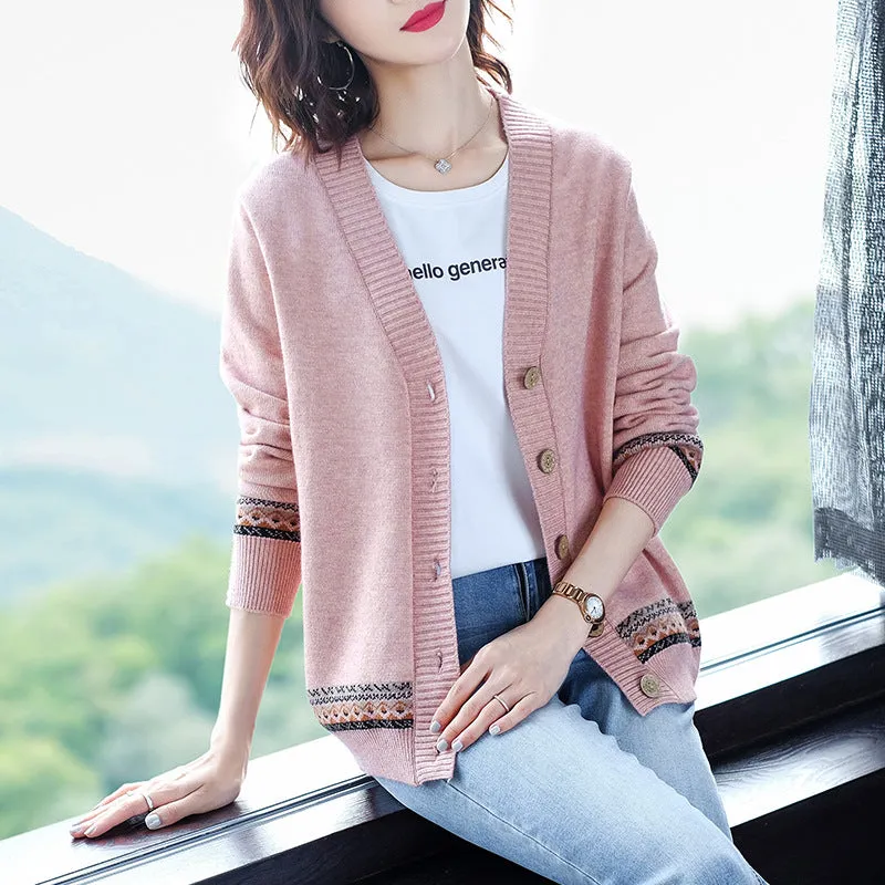 Women Trendy Matching Knitted Cardigan Short Korean Loose Sweater Long Sleeved Outerwear