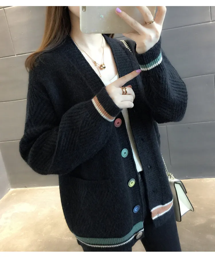 Women Trendy Matching Knitted Cardigan Short Korean Loose Sweater Long Sleeved Outerwear