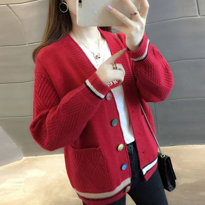 Women Trendy Matching Knitted Cardigan Short Korean Loose Sweater Long Sleeved Outerwear