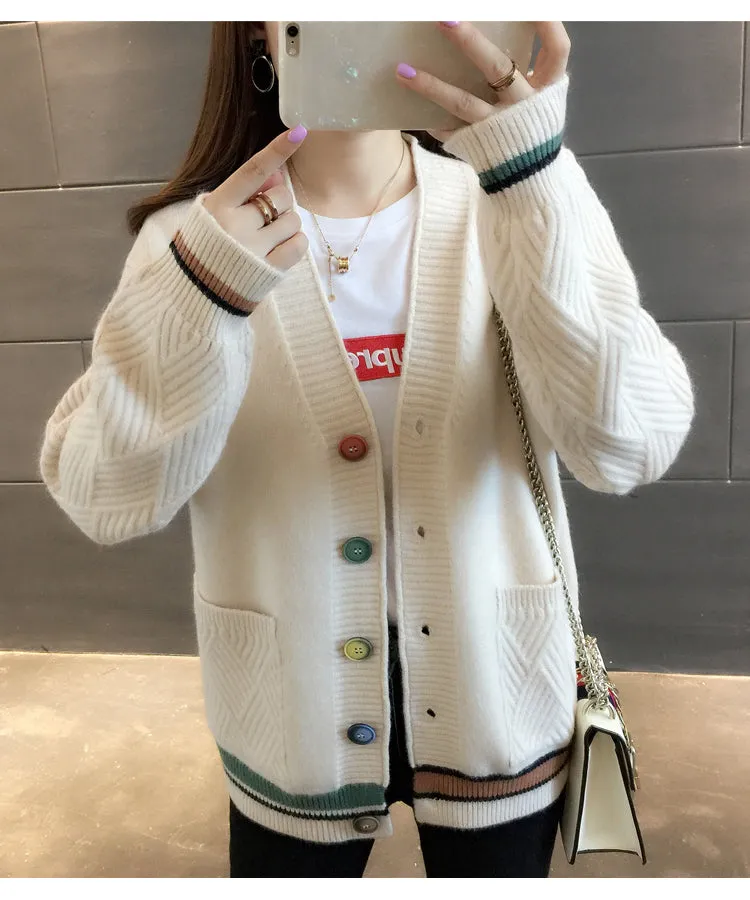Women Trendy Matching Knitted Cardigan Short Korean Loose Sweater Long Sleeved Outerwear