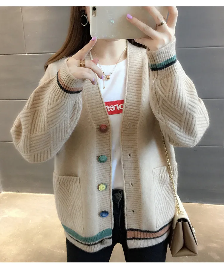 Women Trendy Matching Knitted Cardigan Short Korean Loose Sweater Long Sleeved Outerwear