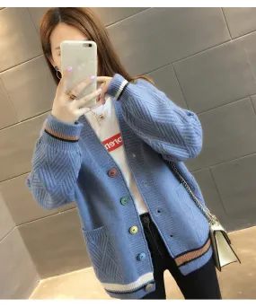Women Trendy Matching Knitted Cardigan Short Korean Loose Sweater Long Sleeved Outerwear