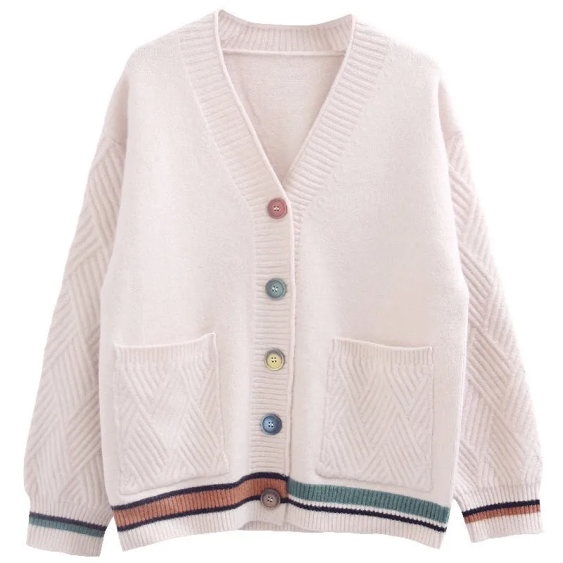 Women Trendy Matching Knitted Cardigan Short Korean Loose Sweater Long Sleeved Outerwear