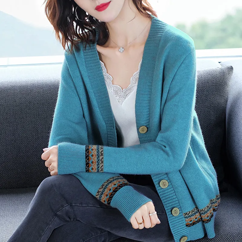 Women Trendy Matching Knitted Cardigan Short Korean Loose Sweater Long Sleeved Outerwear