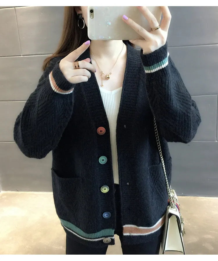Women Trendy Matching Knitted Cardigan Short Korean Loose Sweater Long Sleeved Outerwear