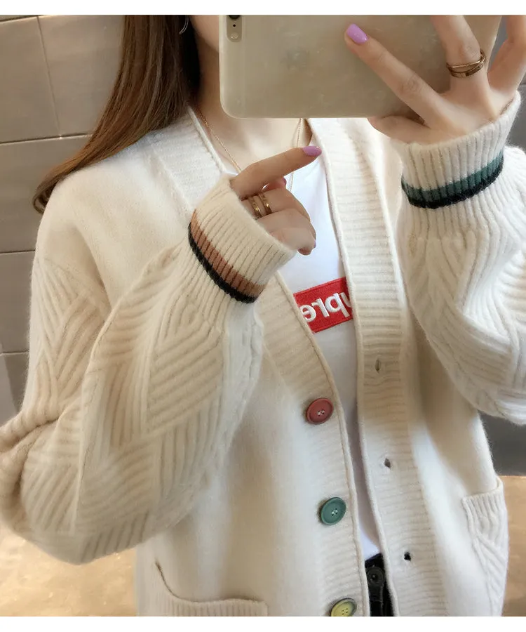 Women Trendy Matching Knitted Cardigan Short Korean Loose Sweater Long Sleeved Outerwear