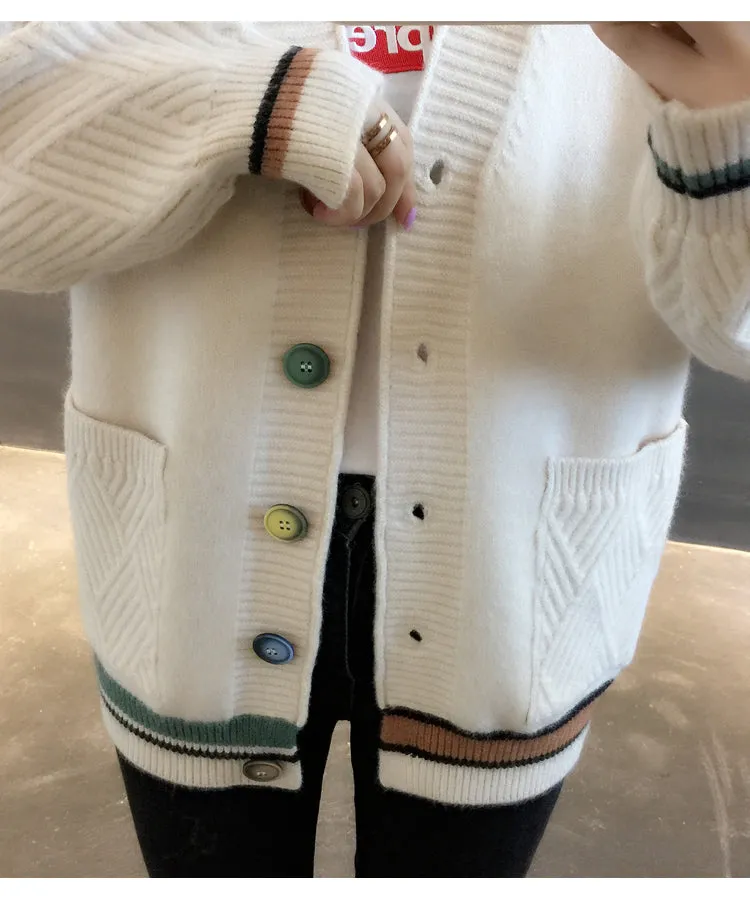 Women Trendy Matching Knitted Cardigan Short Korean Loose Sweater Long Sleeved Outerwear