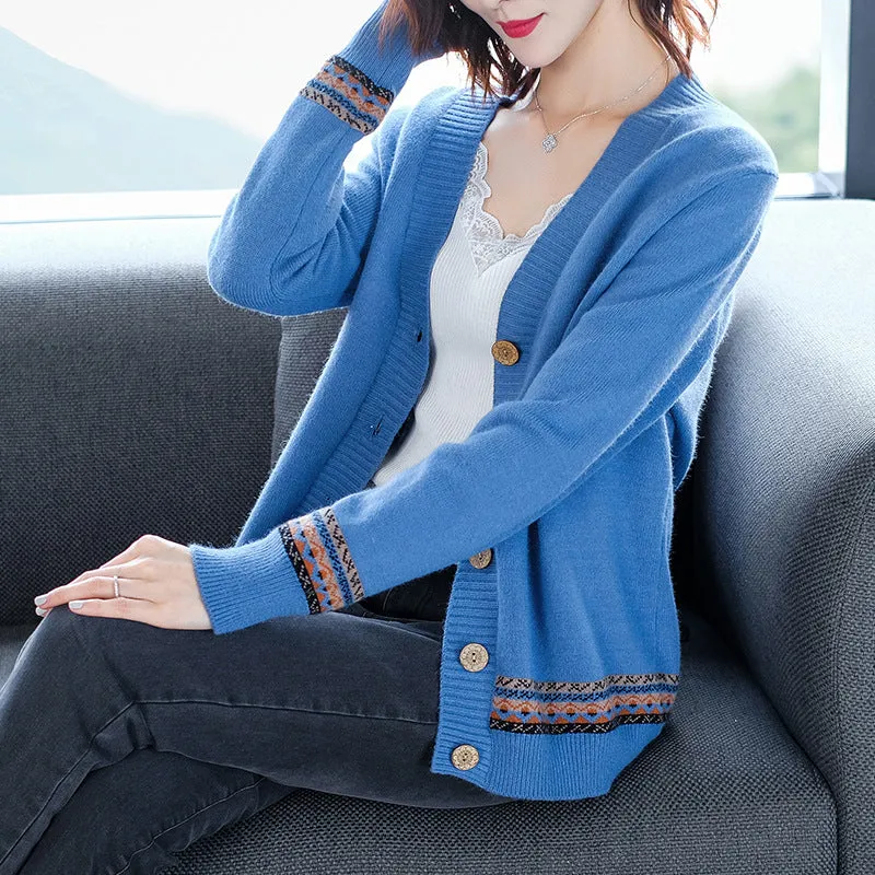 Women Trendy Matching Knitted Cardigan Short Korean Loose Sweater Long Sleeved Outerwear
