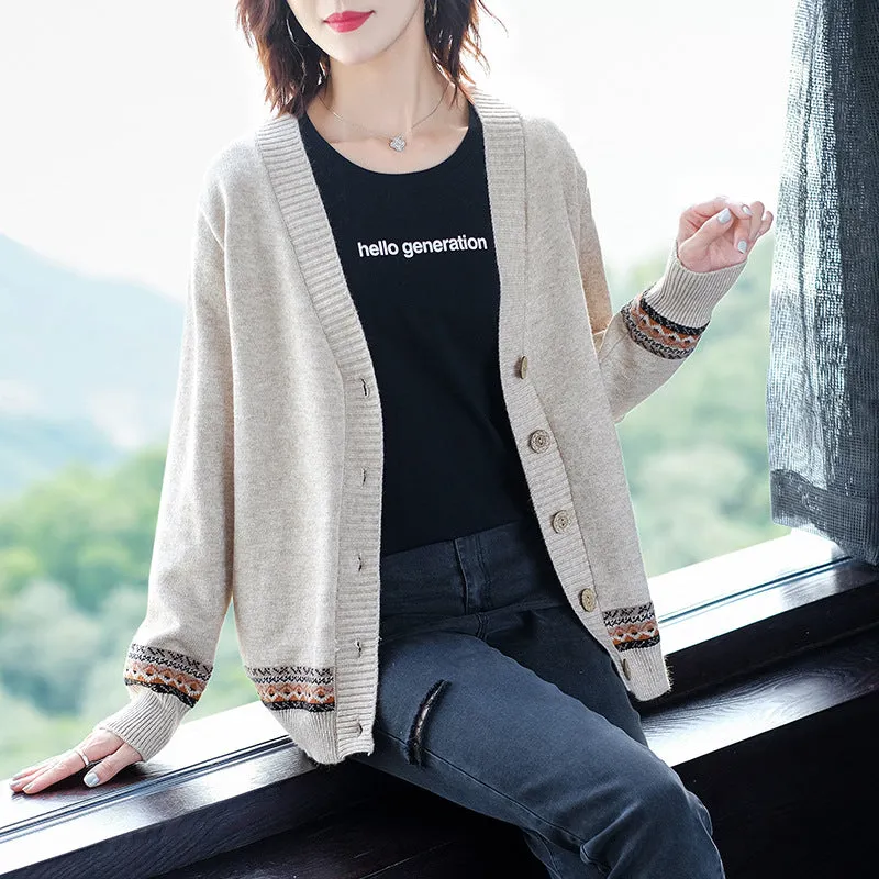 Women Trendy Matching Knitted Cardigan Short Korean Loose Sweater Long Sleeved Outerwear