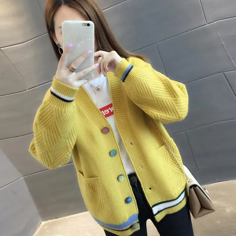 Women Trendy Matching Knitted Cardigan Short Korean Loose Sweater Long Sleeved Outerwear