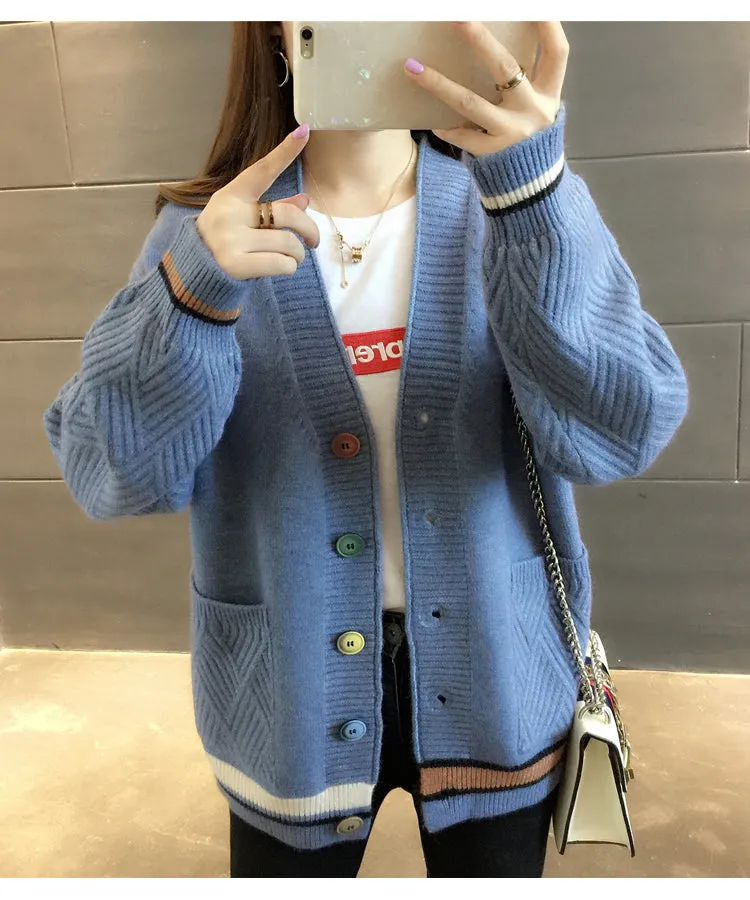 Women Trendy Matching Knitted Cardigan Short Korean Loose Sweater Long Sleeved Outerwear