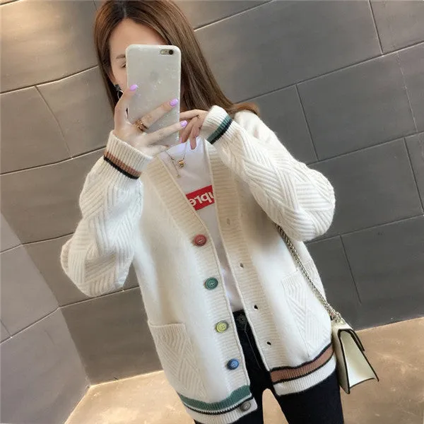 Women Trendy Matching Knitted Cardigan Short Korean Loose Sweater Long Sleeved Outerwear