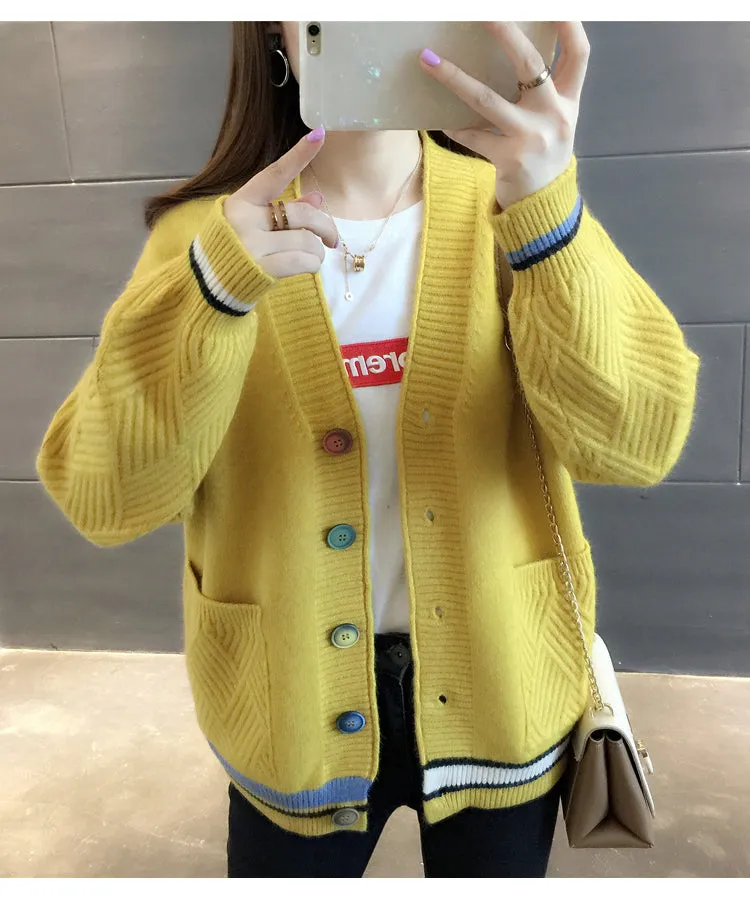 Women Trendy Matching Knitted Cardigan Short Korean Loose Sweater Long Sleeved Outerwear