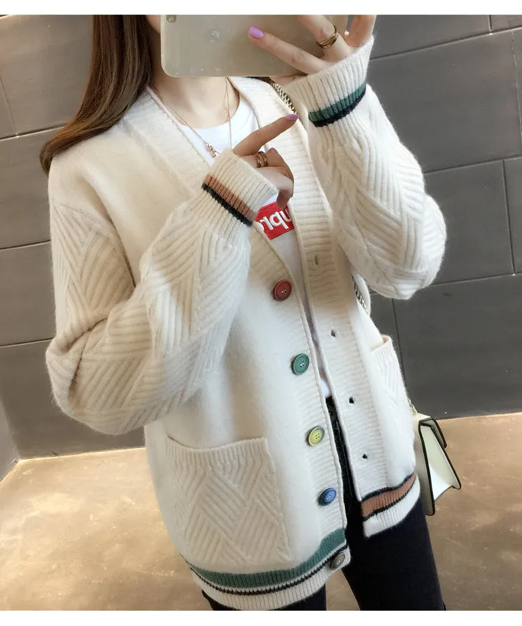 Women Trendy Matching Knitted Cardigan Short Korean Loose Sweater Long Sleeved Outerwear
