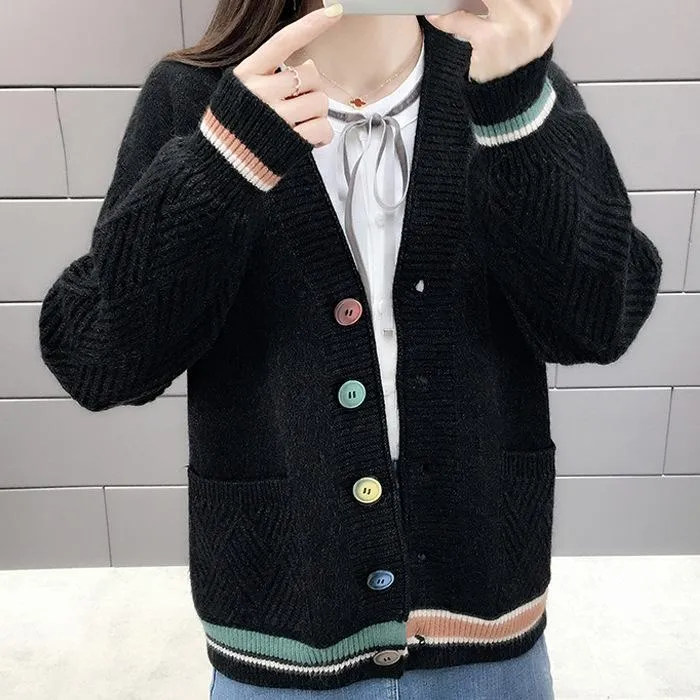 Women Trendy Matching Knitted Cardigan Short Korean Loose Sweater Long Sleeved Outerwear