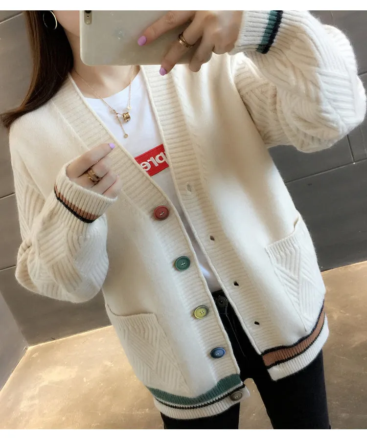 Women Trendy Matching Knitted Cardigan Short Korean Loose Sweater Long Sleeved Outerwear