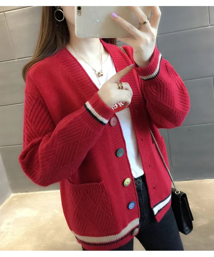 Women Trendy Matching Knitted Cardigan Short Korean Loose Sweater Long Sleeved Outerwear