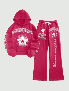 Women's Autumn Letter Star Printed Long Sleeve Hoodie And Pants 2pcs Casual Outfit
