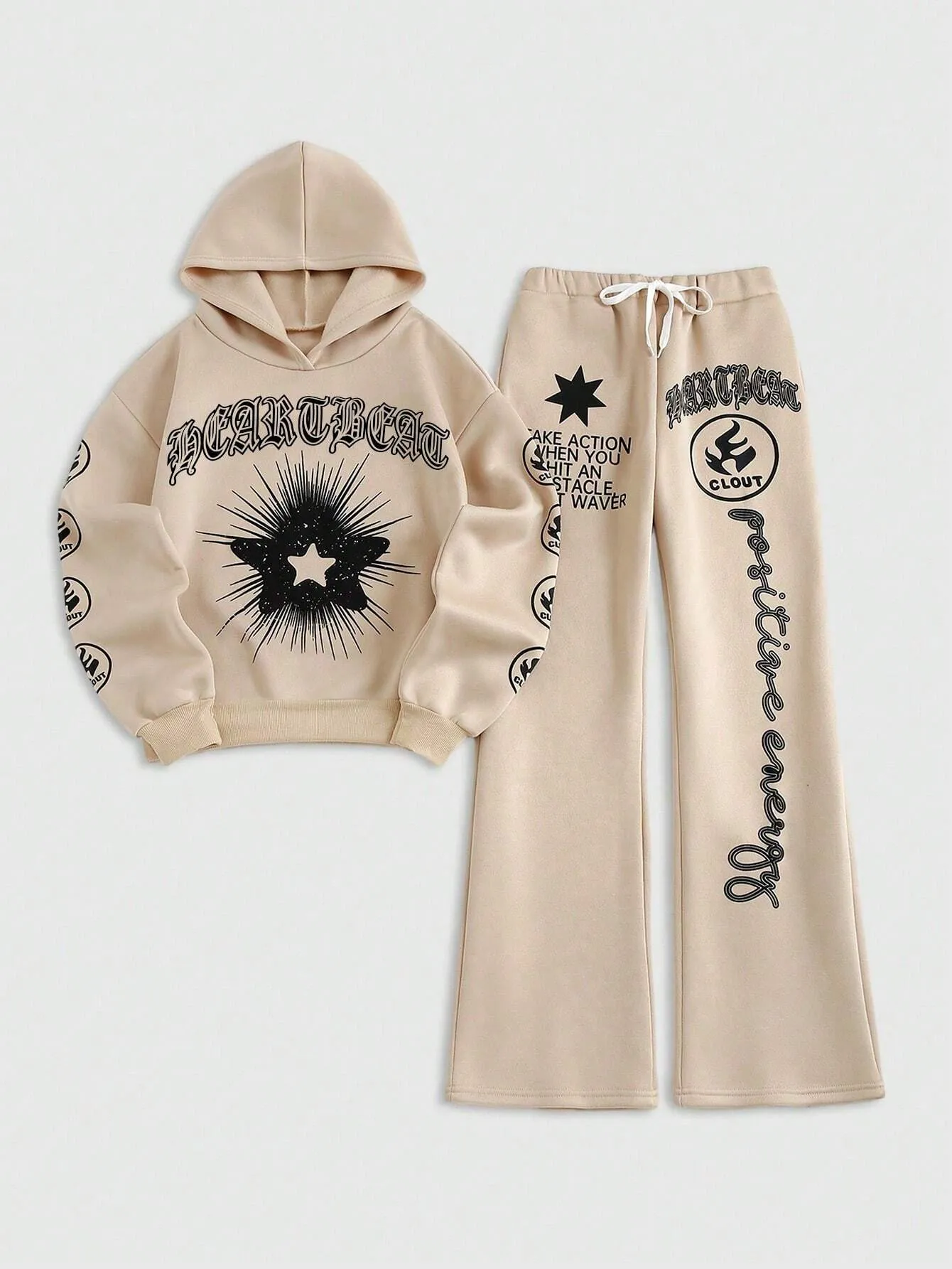 Women's Autumn Letter Star Printed Long Sleeve Hoodie And Pants 2pcs Casual Outfit