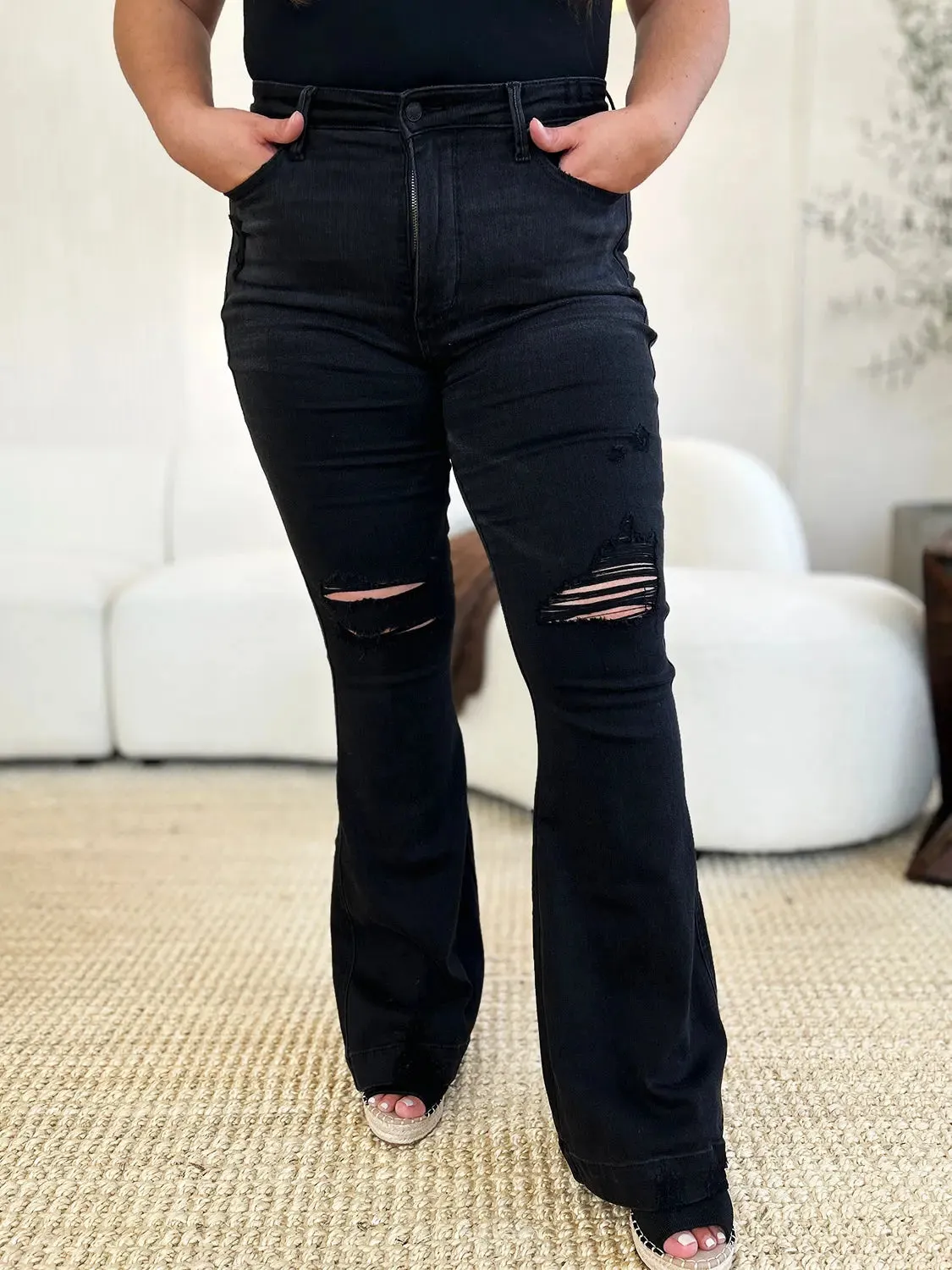 Women's Jeans, Distressed Flare Jeans, with Full Size High Waist by Judy Blue