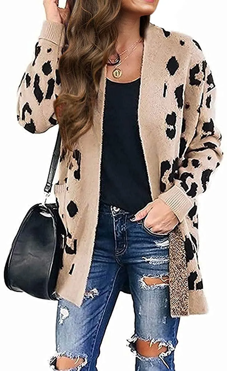 ZESICA Leopard Print Knitted Sweater Cardigan